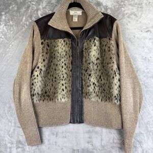 Vtg Lisa International Sweater Jacket XL Real Leather‎ Fur Leopard Print (1403)